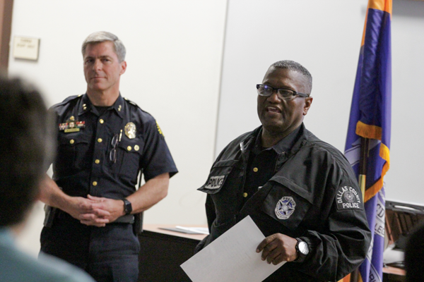 Police Chief Michael Horak, left, and Capt. Timothy Ellington explore ideas to improve police relations with students and staff. PHOTO BY JONATHAN WENCES/THE ET CETERA.