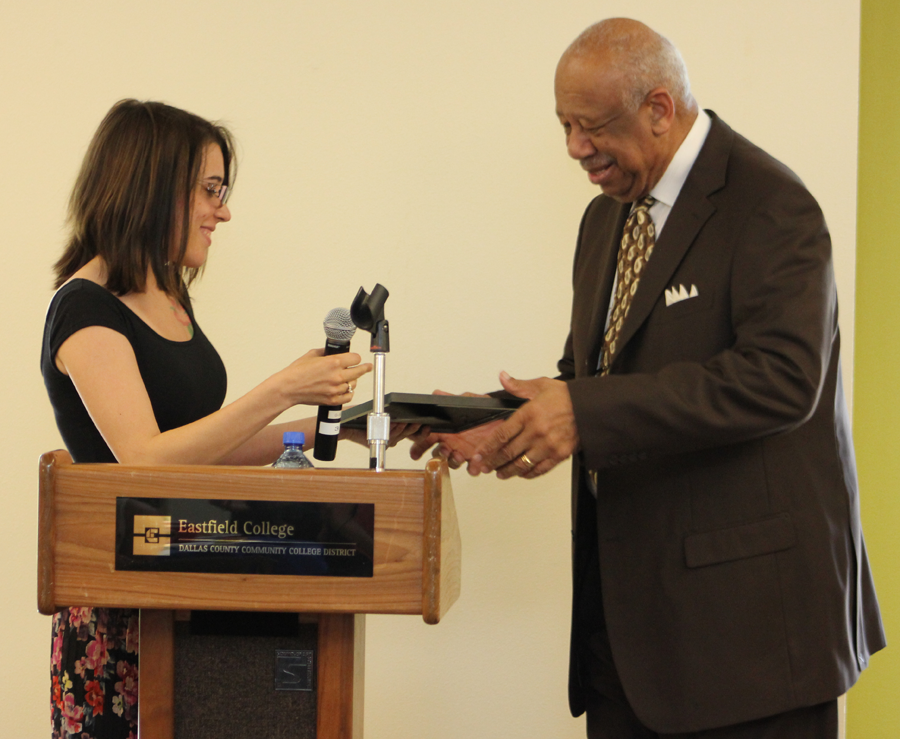 Dr. Wright Lassiter receives a lifetime achievement award from Allison Johnson of the Communications Club.
He spoke to the club about the importance of communication skills.