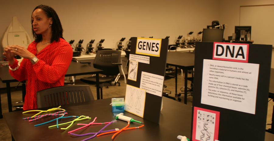 Danita Bradshaw-Ward shows students the different ways DNA is studied in the genetics lab.