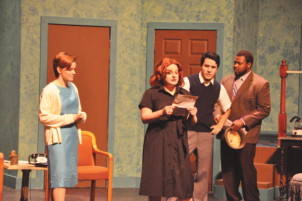 BRAULIO TELLEZ/THE ET CETERA Rosalind (Kayla Anderson), left, Paul (Michael Duron), middle, and Richard (Jerome Phillips), right, listen as Charlotte reads aloud the message that George has left her.
