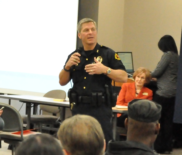 GUILLERMO MARTINEZ/THE ET CETERA Police Chief Michael Horak reminds students and staff at a safety forum Nov. 19 to let officers handle suspected criminal incidents.