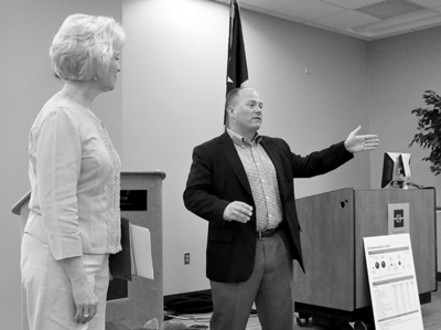 Reps. Cindy Burkett (R-Sunnyvale) and Kenneth Sheets (R-Dallas) address a town hall meeting March 28 at Eastfield. Photo by James Hartley/The Et Cetera.