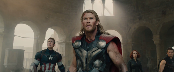 Captain America (Chris Evans), Thor (Chris Hemsworth), Black Widow (Scarlett Johansson) and Hawkeye (Jeremy Renner) face a new villain in "Avengers: Age of Ultron," which opens nationwide May 1. Photo courtesy Marvel Studios.