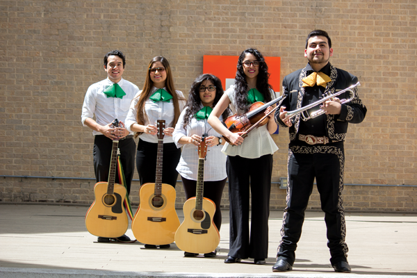 The Mariachi Club practices Tuesdays and Thursdays in F-117 for their performance for Cinco de Mayo. From left, Jonathan Ferre, Sarahi Perez, Maria Torres, Bitia Espinosa and Alexander Brown. PHOTO BY DAVID SANCHEZ/THE ET CETERA.