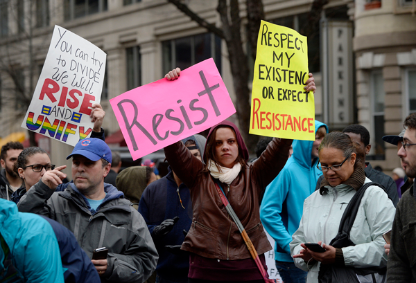 Protesters block K street during the inauguration of President Donald Trump on Jan. 20, 2017 in Washington, D.C. (Olivier Douliery/Abaca Press/TNS)