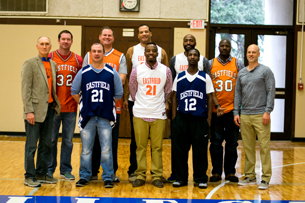 The 1997 Eastfield national championship winning basketball team. Back row form left: Coach Bob Flickner, Jay York, Will Young, Cordell Ray Jr., Ray Lee, Greg Monroe, Asst. Coach Mark Murdock. Front row from left: Chuck Young, Byron Bynum, Henry Williams.