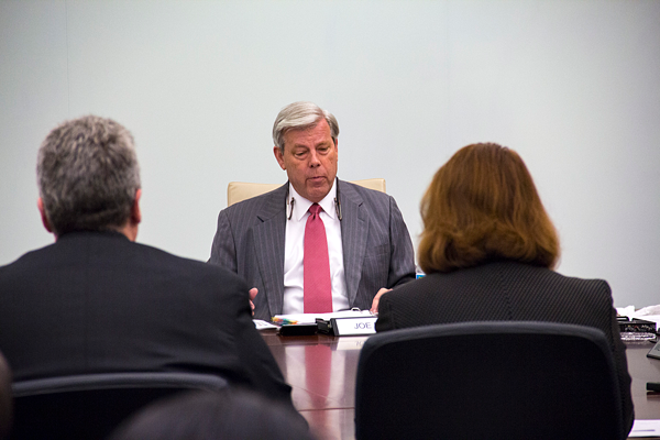 Joe May, chancellor of the Dallas County Community College District, speaks to the Board of Trustees at a workshop meeting in March 2017. Photo by James Hartley/The Et Cetera