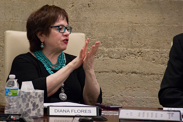 Diana Flores, trustee for District 6, debates with other trustees at the March 2017 meeting. Photo by James Hartley/The Et Cetera