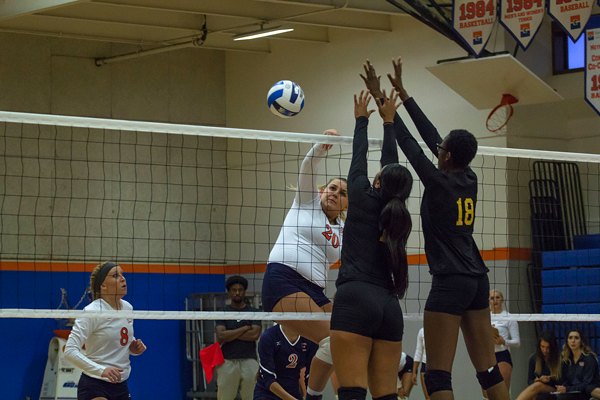 An Eastfield player spikes the ball. Photo by Jesus Ayala/The Et Cetera