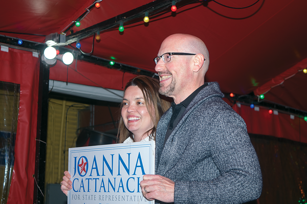 Joanna Cattanach poses with supporter and Dallas resident Clinton Swingle during her March 6
primary election watch party. Photo by Niels Winter/The Et Cetera