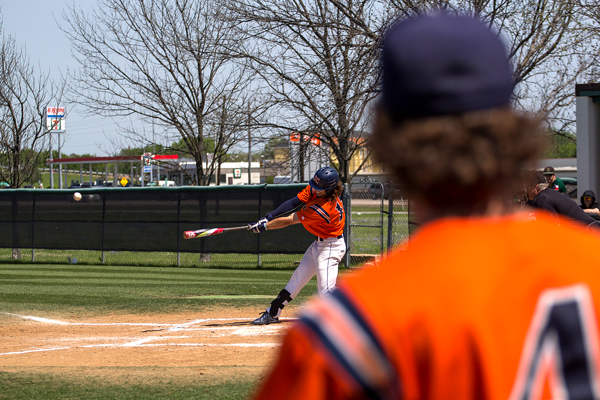 The nations RBI leader Jordan Parker hits a double versus the Brookhaven Bears on April 11. Photo by Jesus Ayala/The Et Cetera