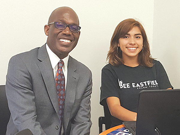 Eddie Tealer from North Lake College visits with an Early College High School student Sept. 11. Tealer was approved as the next president of Eastfield College Oct. 3.