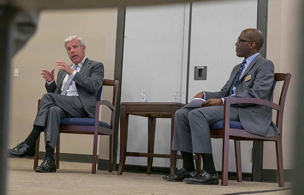 Joe May, chancellor of the Dallas County Community College District, and Eastfield president Eddie Tealer discuss student-first initiatives Nov. 5, 2018. Photo by Jesus Ayala/The Et Cetera
