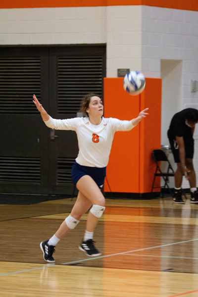 Allie Jones serves the ball against Cedar Valley on Sept. 30 where the Harvesters won 3-2. Photo by Rory Moore/The Et Cetera
