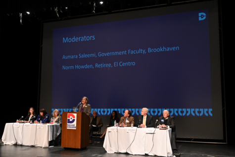 The board of trustees candidates prepare to speak at a public forum at Brookhaven campus on April 19.