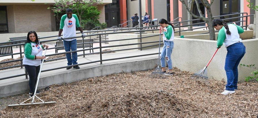 Members of the Upward Bound team help move mulch at the upper courtyard. 