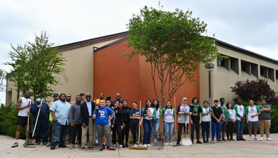 Student organizations and faculty gather in the upper courtyard of Dallas College Eastfield Campus to clean up and plant for Earth Day on April 22. 