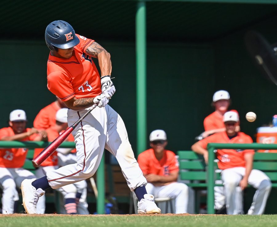 Angel Rodriguez swings at a pitch for Eastfield against North Arkansas.  