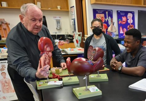 Carl Knight teaches three students in his anatomy class during a lab on April 25 in C301.