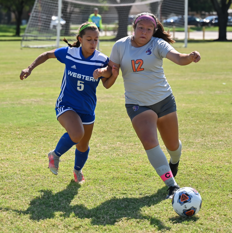 Hayley Torres defends the ball against a Western Texas player for Eastfield.