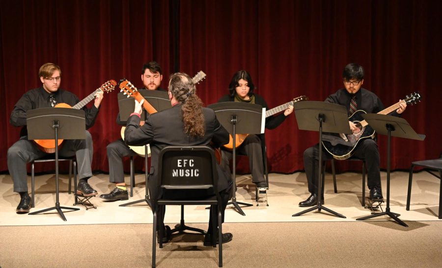The Eastfield Guitar Ensemble perform inside the recital room on Nov. 16.