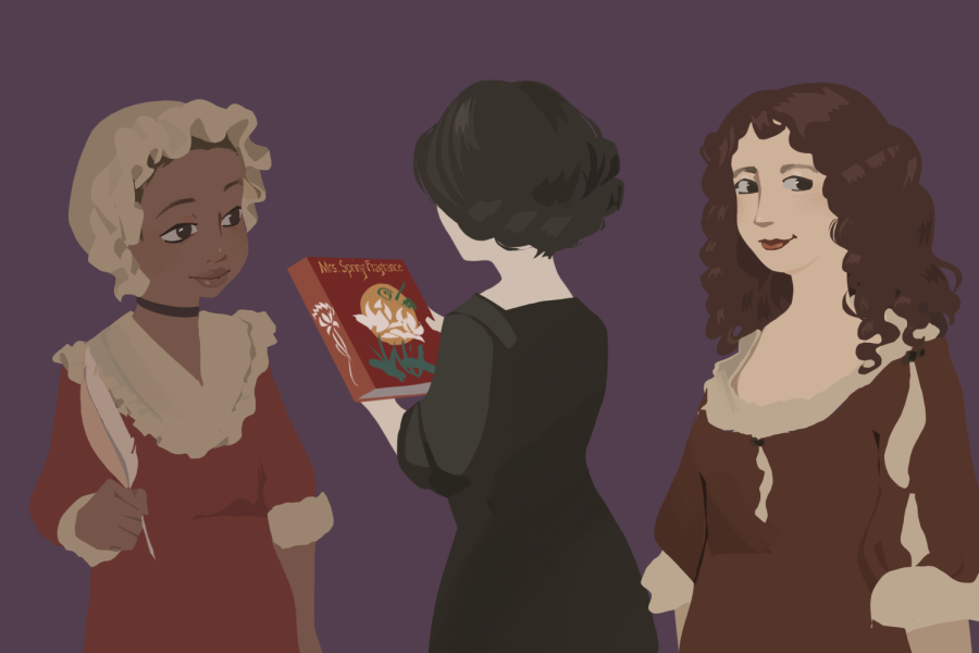 Graphic of ladies with a book.