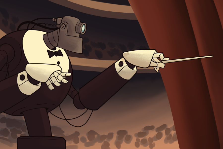 graphic of robot conducting in a concert hall