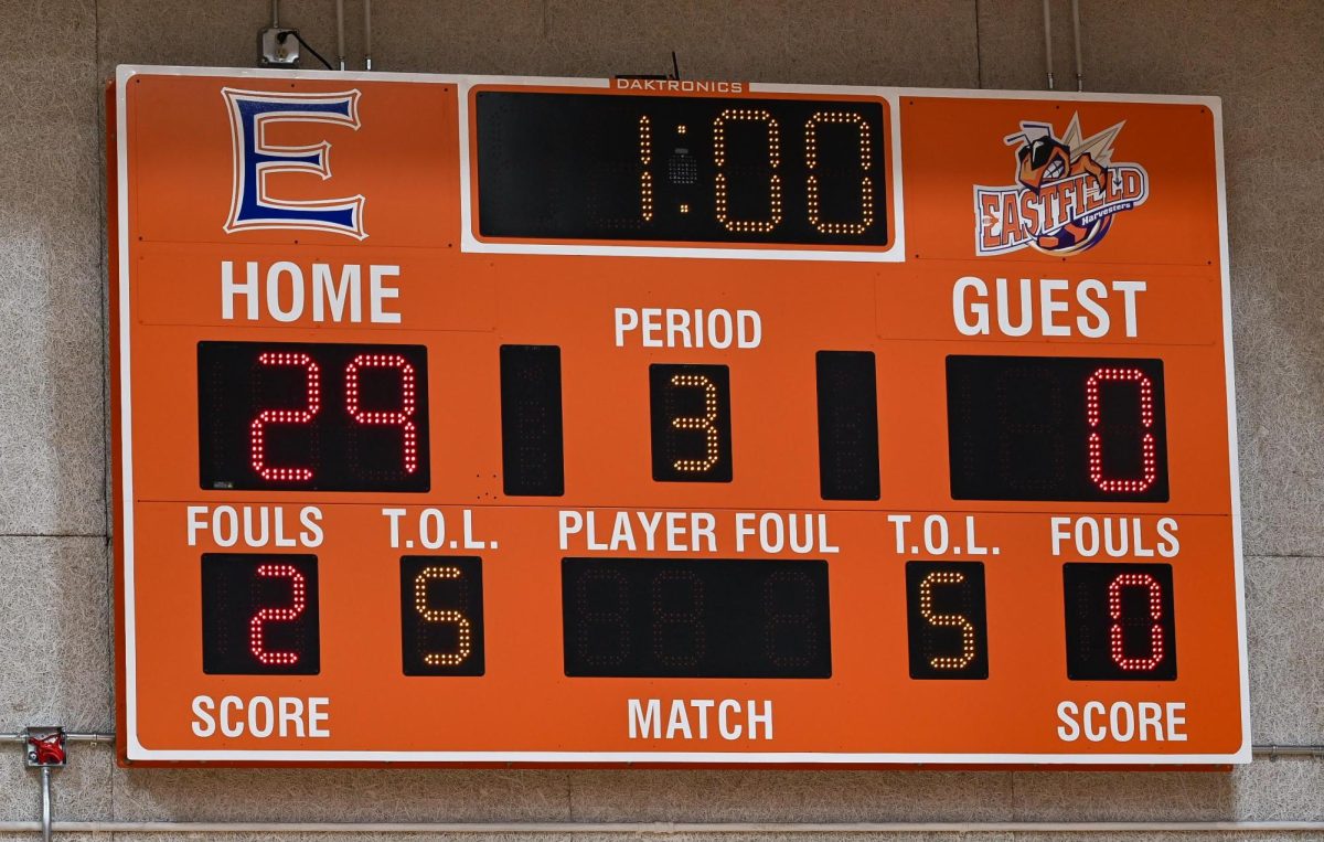 The Harvesters 29-0 record is displayed on the scoreboard of the Eastfield Gymnasium. 